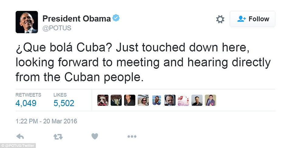 Ông Obama chào Cuba bằng tiếng Tây Ban Nha trên mạng xã hội. (Nguồn: dailymail.co.uk)