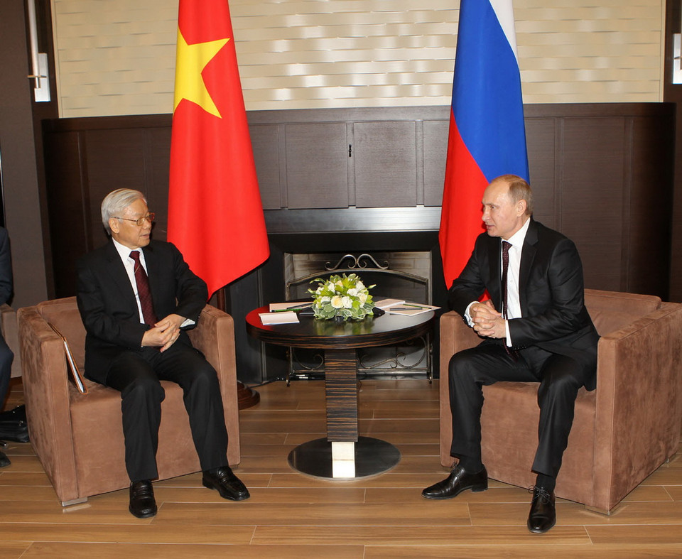 Tổng Bí thư Nguyễn Phú Trọng hội đàm với Tổng thống Liên bang Nga Vladimir Putin.(Ảnh: Trí Dũng) 