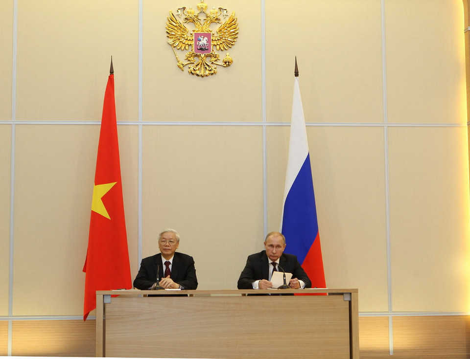 Tổng Bí thư Nguyễn Phú Trọng và Tổng thống Liên bang Nga Vladimir Putin gặp gỡ và phát biểu với báo chí. (Ảnh: Trí Dũng)