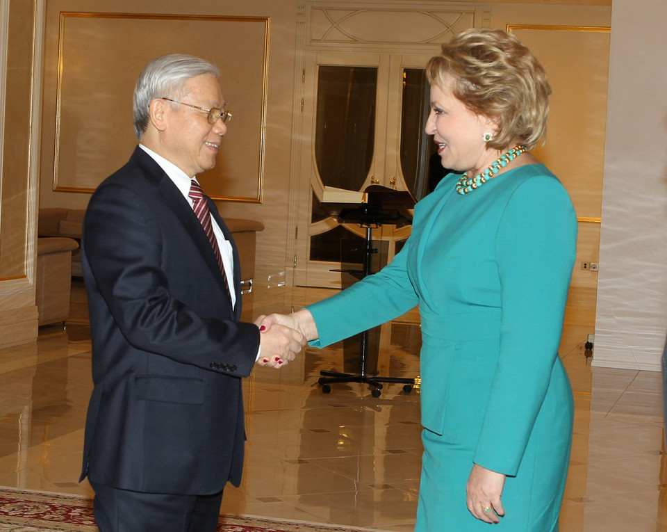 Tổng Bí thư Nguyễn Phú Trọng hội kiến với Chủ tịch Hội đồng Liên bang Nga Valentina Matviyenko. (Ảnh: Trí Dũng) 