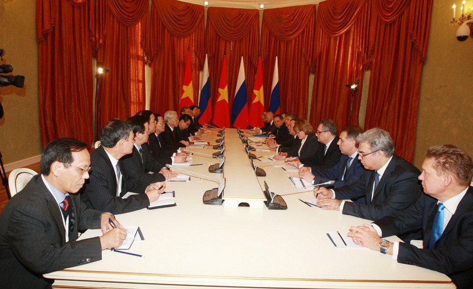  Tổng Bí thư Nguyễn Phú Trọng hội kiến với Thủ tướng Liên bang Nga D. Medvedev.(Ảnh: Trí Dũng) 