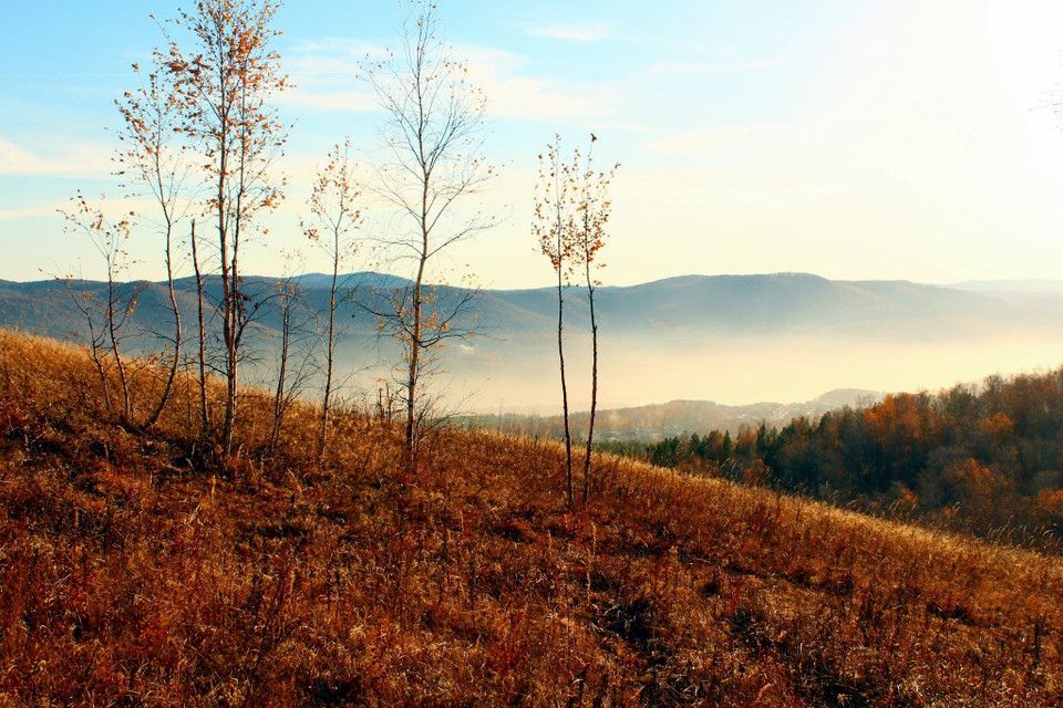  Hơi nước từ sông Enisei bốc lên kết hợp với ánh sáng của chiều ta tạo nên khung cảnh mờ ảo. (Trần Hiếu/Vietnam+)