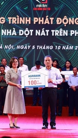 Agribank trao ủng hộ 100 tỷ đồng hỗ trợ tại Chương trình phát động hỗ trợ xóa nhà tạm, nhà dột nát. (Ảnh: Vietnam+)