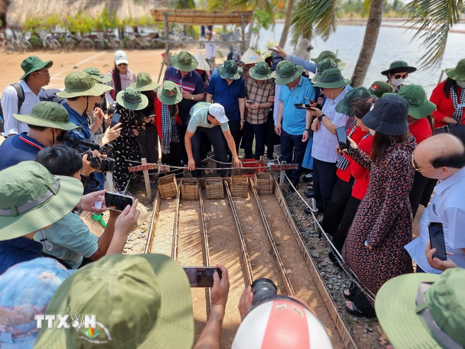 ភ្ញៀវទេសចររំភើបចិត្តនឹងការប្រកួតនៅតំបន់ទេសចរណ៍សហគមន៍ Con Chim ឃុំ Hoa Minh (Vinh Long)។ (រូបថត៖ VNA) ttxvn-du-lich-vinh-long-3.jpg