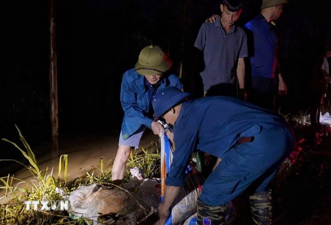 Cán bộ, chiến sỹ Trung đoàn 2, Sư đoàn 3 đóng quân trên địa bàn và nhân dân tổ chức ứng cứu, khắc phục sự cố ngay trong đêm. (Ảnh: TTXVN phát) ttxvn-vo-de-boi-1.jpg