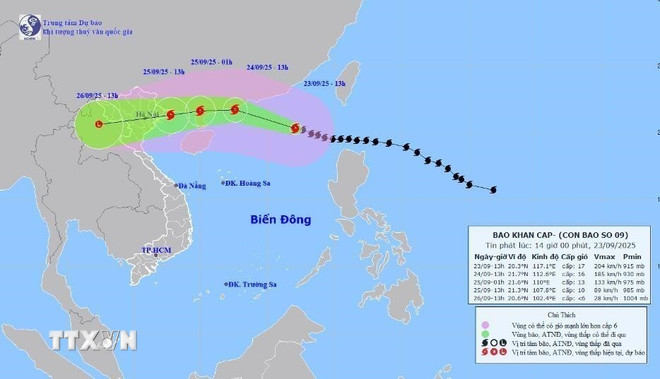 Hướng di chuyển của bão số 9 lúc 16 giờ ngày 23/9. (Ảnh: TTXVN phát) ttxvn-bao-so-9.png