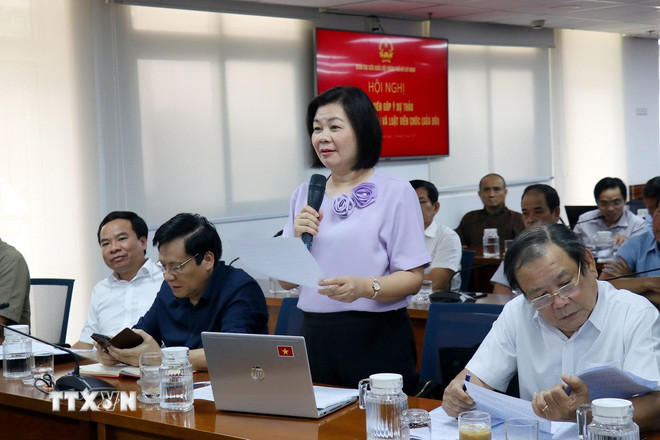 លោកស្រី Ly Viet Trung និពន្ធនាយកនៃកាសែតស្ត្រីទីក្រុងហូជីមិញ ថ្លែងក្នុងសន្និសីទ។ (រូបថត៖ Thanh Vu/VNA) ttxvn-sua-luat-bao-chi-3.jpg