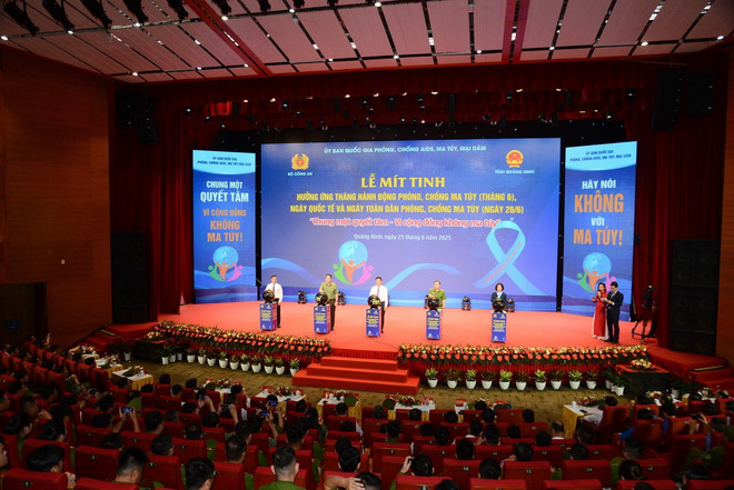 Phó Thủ tướng Chính phủ Lê Thành Long cùng các đại biểu ấn nút phát động lễ mít tinh hưởng ứng Tháng hành động phòng, chống ma túy, Ngày quốc tế và Ngày toàn dân phòng, chống ma túy năm 2025. (Ảnh: Thanh Vân/TTXVN)