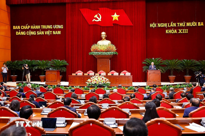 Quang cảnh Hội nghị lần thứ 13 Ban Chấp hành Trung ương Đảng khóa XIII. (Ảnh: Doãn Tấn/TTXVN) ttxvn-be-mac-ban-chap-hanh-trung-uong-dang-13-10.jpg