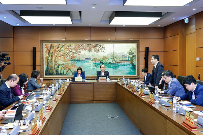 Delegace Hanojského národního shromáždění jednala ve skupinách. (Foto: Doan Tan/VNA) ttxvn-quoc-hoi-thao-luan-o-to-ve-4-luat-3.jpg