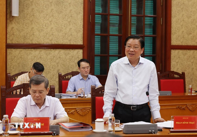 Hình ảnh 3 Ủy viên Bộ Chính trị, Bí thư Trung ương Đảng, Trưởng Ban Nội chính Trung ương Phan Đình Trạc, Phó Trưởng ban Thường trực Ban Chỉ đạo phát biểu. (Ảnh: Lâm Khánh/TTXVN)