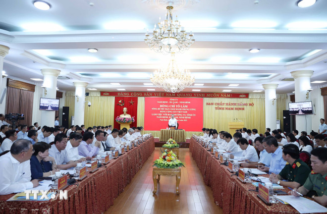 Tổng Bí thư: Hợp nhất 3 tỉnh Nam Định, Hà Nam và Ninh Bình là bước đi tất yếu Tổng Bí thư Tô Lâm phát biểu. (Ảnh: Thống Nhất/TTXVN)