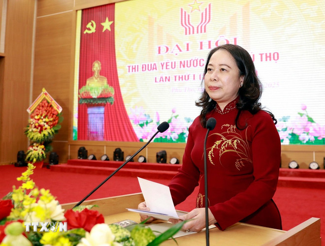 Phó Chủ tịch nước Võ Thị Ánh Xuân phát biểu tại Đại hội. (Ảnh: Hoàng Hùng/TTXVN) ttxvn-thi-dua-khen-thuong-phu-tho-2.jpg