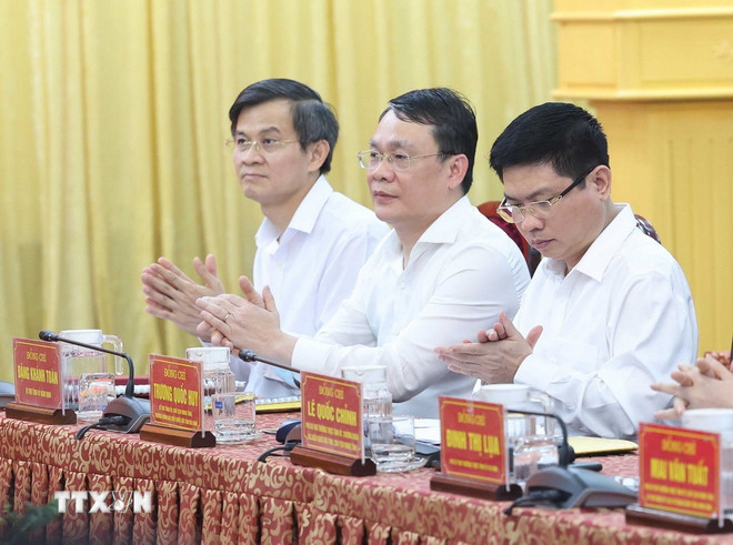 Tổng Bí thư: Hợp nhất 3 tỉnh Nam Định, Hà Nam và Ninh Bình là bước đi tất yếu Các đại biểu tham dự buổi làm việc. (Ảnh: Thống Nhất/TTXVN)