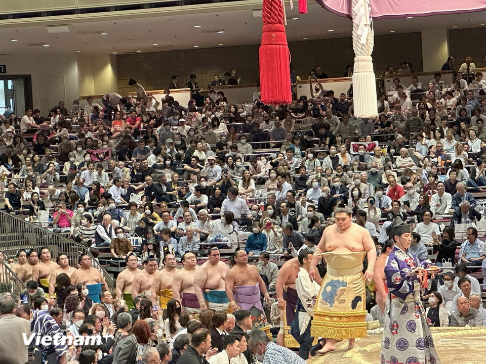 Các võ sỹ Sumo trong chiếc tạp dề Kesho-mawashi truyền thống chào khán giả hâm mộ trong giải đầu mùa xuân tại thủ đô Tokyo. (Ảnh: Nguyễn Tuyến- Phạm Tuân-Xuân Giao/Vietnam+)