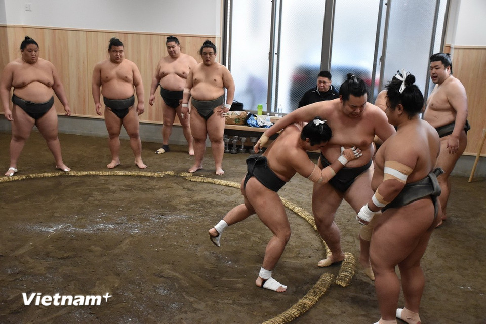 Võ sỹ nhỏ người hơn đã thành công đẩy được võ sỹ to lớn hơn ra khỏi sàn đấu. (Ảnh: Nguyễn Tuyến-Phạm Tuân-Xuân Giao/Vietnam+)