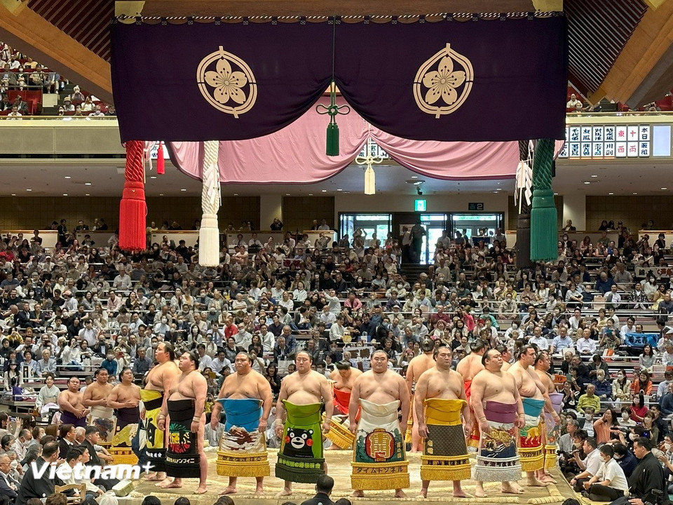 Các võ sỹ Sumo trong chiếc tạp dề Kesho-mawashi truyền thống được dẫn lên sàn đấu để chào khán giả trong giải đấu mùa xuân tại thủ đô Tokyo. (Ảnh: Nguyễn Tuyến- Phạm Tuân-Xuân Giao/Vietnam+)