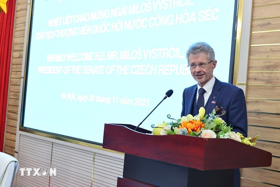 Chủ tịch Thượng viện Quốc hội Cộng hòa Séc Milos Vystrcil phát biểu. (Ảnh: Minh Đức/TTXVN)