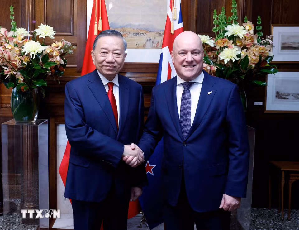 Sáng 13/8/2026 (giờ địa phương), tại thành phố Auckland, Tổng Bí thư, Chủ tịch nước Tô Lâm gặp hẹp Thủ tướng New Zealand Christopher Luxon trước khi tiến hành hội đàm chính thức. (Ảnh: Thống Nhất/TTXVN)