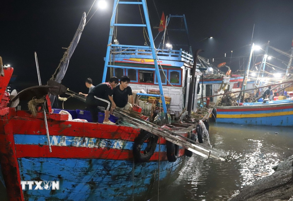 Ngư dân thu hồi thang trượt vận chuyển hải sản lên tàu, thuyền sau khi hoàn tất việc vận chuyển hết nguồn hải sản lên chợ cá. (Ảnh: Xuân Tiến/TTXVN)