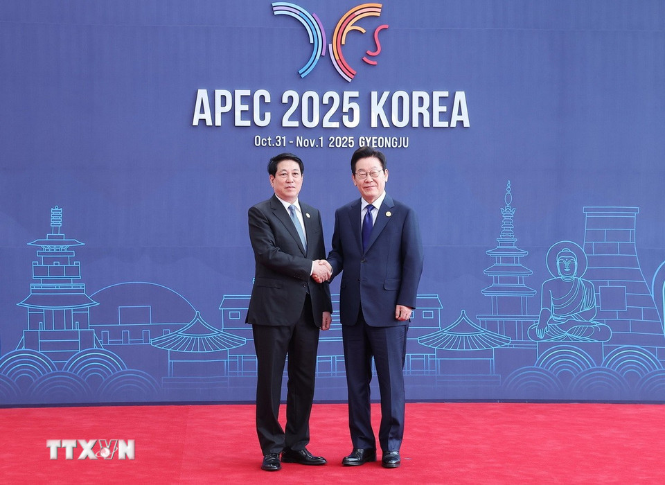 Tổng thống Hàn Quốc Lee Jae Myung đón Chủ tịch nước Lương Cường. (Ảnh: Lâm Khánh/TTXVN)