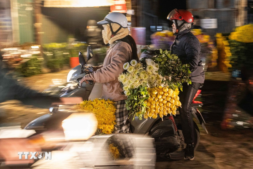 Hoa cúc, hoa hồng được mua, bán nhiều tại chợ hoa dịp Tết. (Ảnh: Hoàng Hiếu/TTXVN)