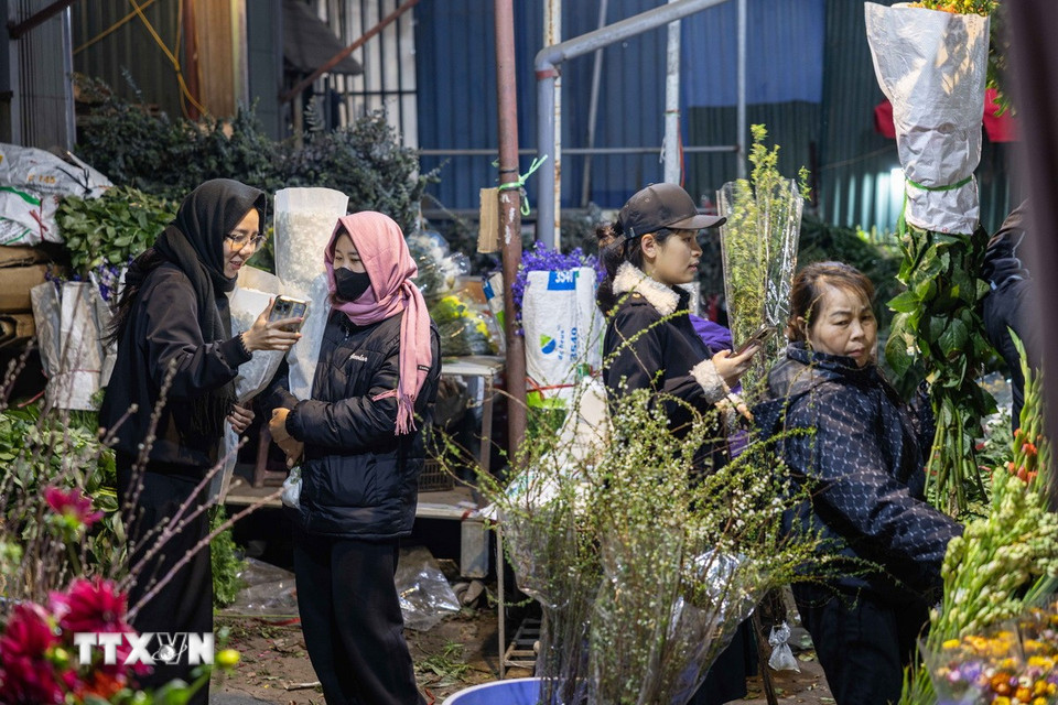 Nhiều bạn trẻ đến với chợ hoa Quảng Bá để tìm mua những loài hoa đẹp yêu thích. (Ảnh: Hoàng Hiếu/TTXVN)