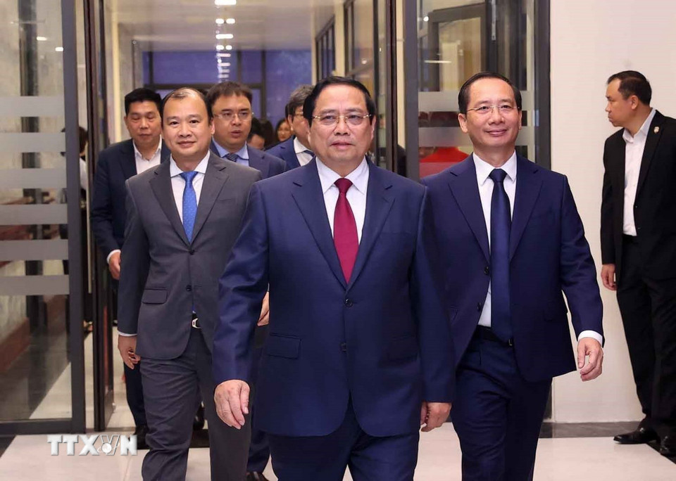 Sáng 28/2/2026, tại Hà Nội, Thủ tướng Chính phủ Phạm Minh Chính thăm và làm việc với Học viện Hành chính và Quản trị công thuộc Học viện Chính trị quốc gia Hồ Chí Minh. (Ảnh: Văn Điệp/TTXVN)