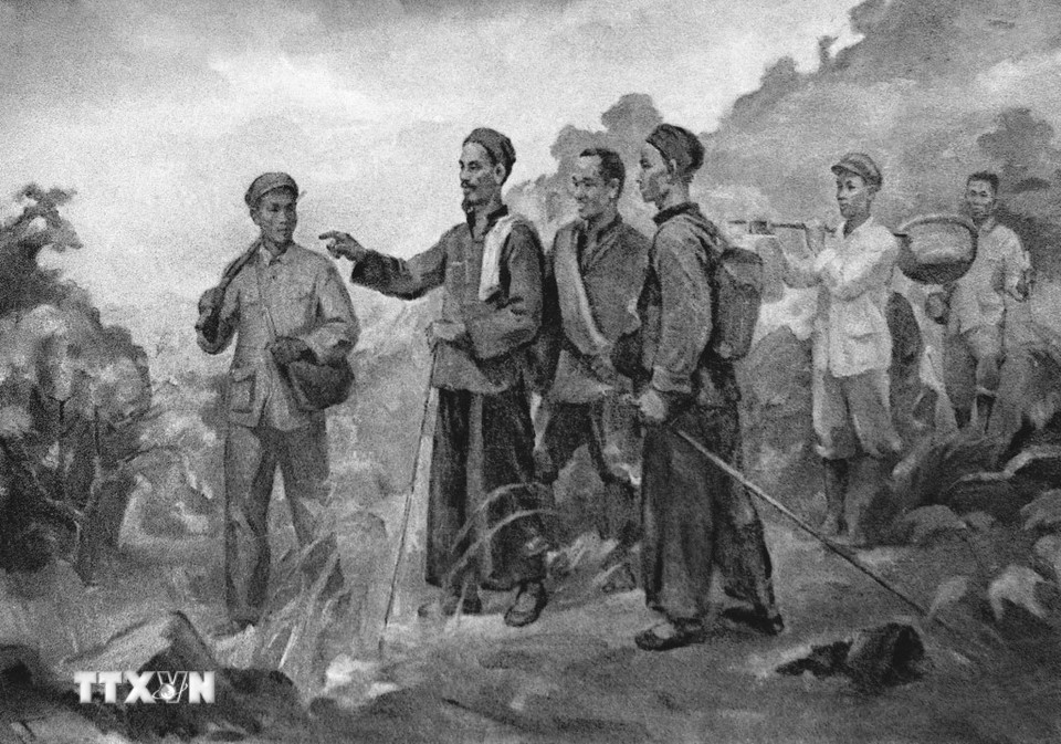 Ngày 28/1/1941, lãnh tụ Nguyễn Ái Quốc và các đồng chí Lê Quảng Ba, Phùng Chí Kiên, Thế An, Đặng Văn Cáp, Hoàng Văn Lộc vượt qua mốc 108 biên giới Việt Nam - Trung Quốc về đến Pác Bó (xã Trường Hà, Hà Quảng, Cao Bằng), một nơi “bí mật” có “hàng rào quần chúng bảo vệ và có đường rút lui”. (Ảnh: TTXVN phát)