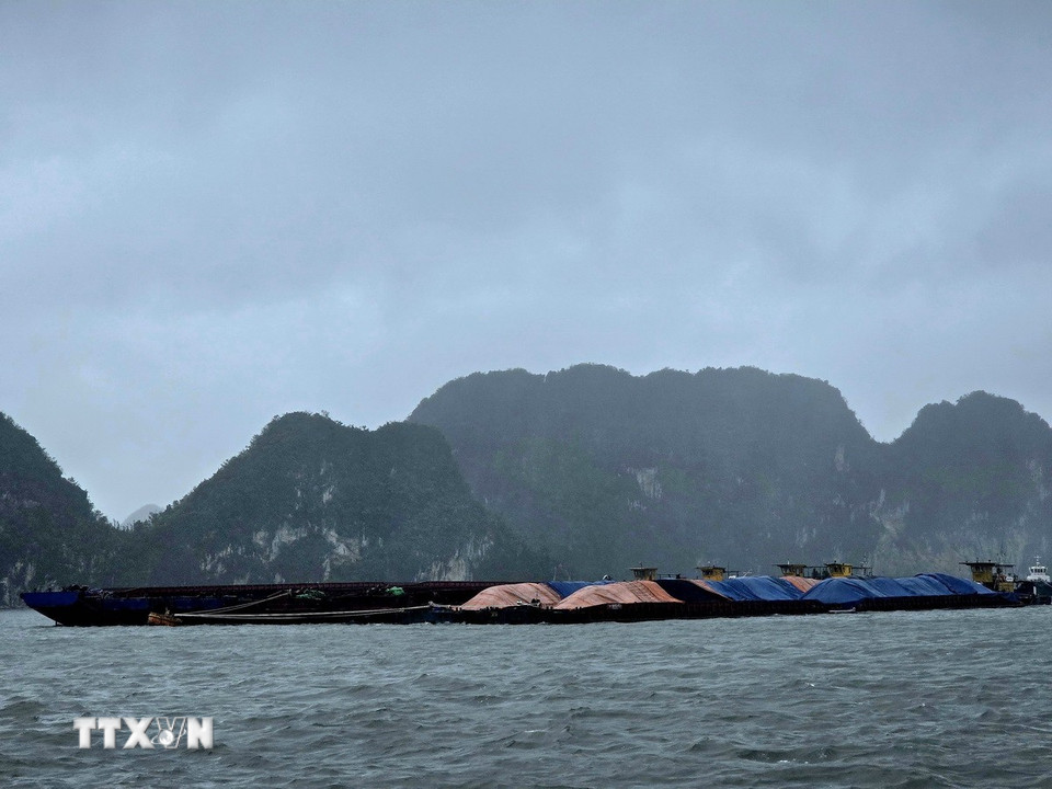 Các xà lan chở hàng tránh trú bão tại khu vực biển phường Hạ Long, Quảng Ninh. (Ảnh: Thanh Vân/TTXVN)