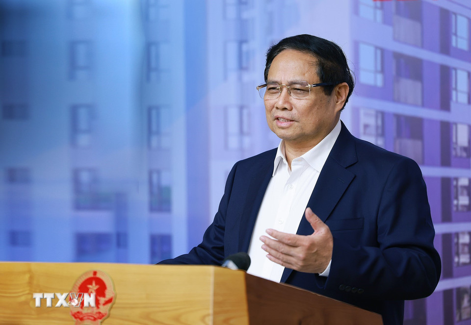Thủ tướng Phạm Minh Chính chủ trì hội nghị thúc đẩy phát triển nhà ở xã hội. (Ảnh: Dương Giang/TTXVN)