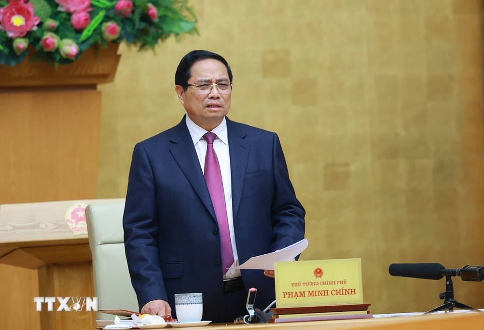 Thủ tướng Phạm Minh Chính kết luận Phiên họp lần thứ 26 của Ban chỉ đạo chống khai thác hải sản bất hợp pháp. (Ảnh: Dương Giang/TTXVN)