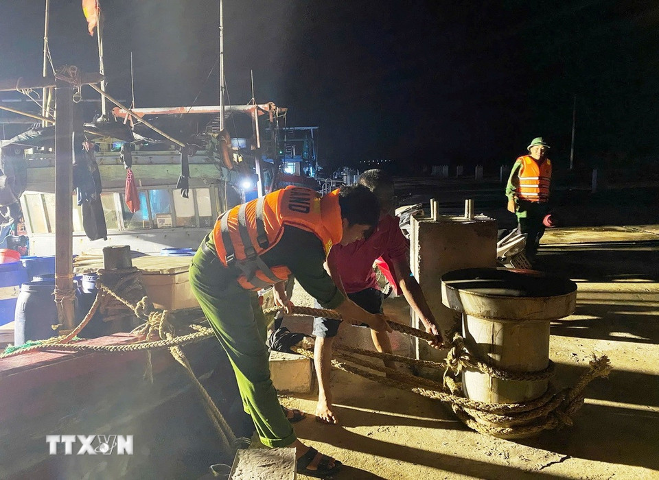 Các lực lượng hỗ trợ ngư dân trên địa bàn tỉnh Quảng Trị chằng néo tàu thuyền đảm bảo an toàn tại các khu vực neo đậu tránh trú bão. (Nguồn: TTXVN phát)