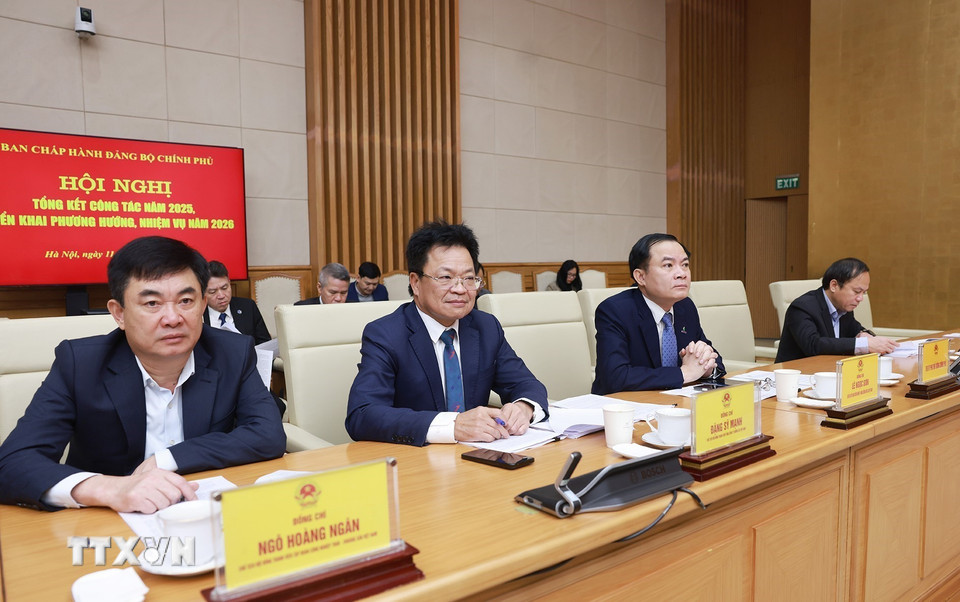 Các đại biểu tham dự Hội nghị tổng kết công tác năm 2025 và triển khai phương hướng, nhiệm vụ năm 2026 của Ban Chấp hành Đảng bộ Chính phủ. (Ảnh: Dương Giang/TTXVN)