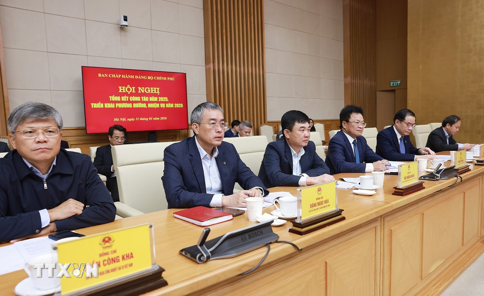 Các đại biểu tham dự Hội nghị tổng kết công tác năm 2025 và triển khai phương hướng, nhiệm vụ năm 2026 của Ban Chấp hành Đảng bộ Chính phủ. (Ảnh: Dương Giang/TTXVN)