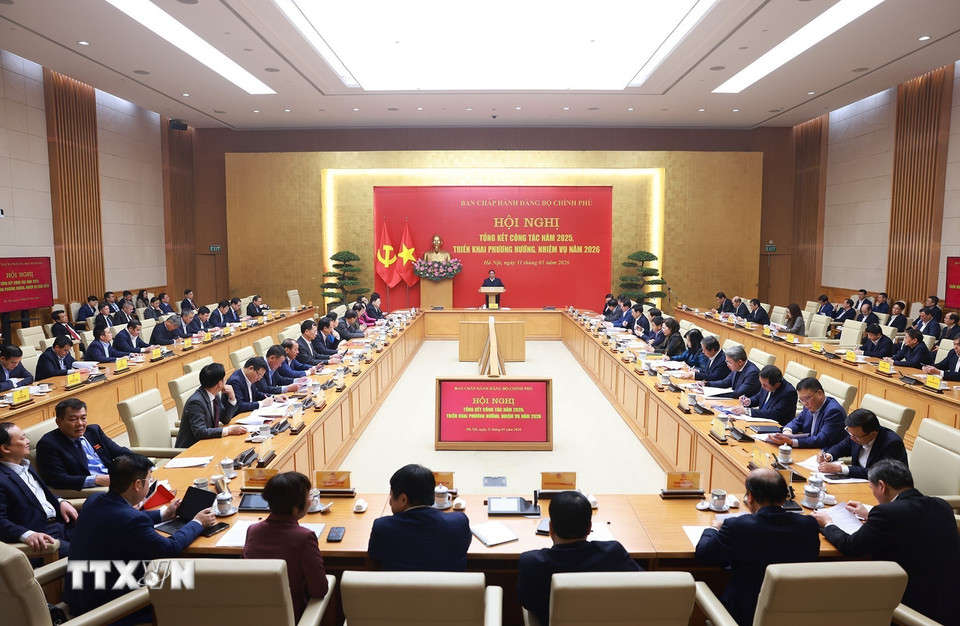 Hội nghị tổng kết công tác năm 2025 và triển khai phương hướng, nhiệm vụ năm 2026 của Ban Chấp hành Đảng bộ Chính phủ. (Ảnh: Dương Giang/TTXVN)