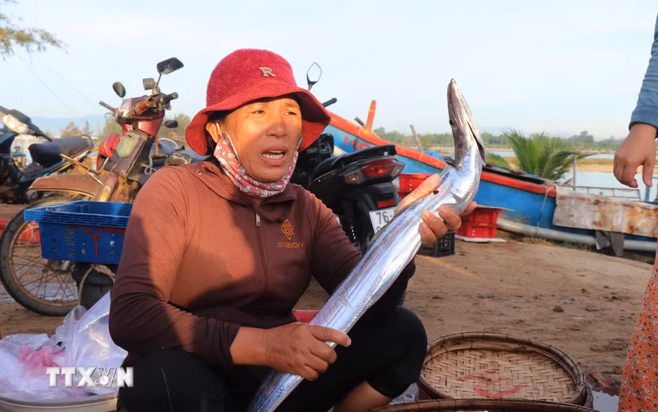 Những con cá hố tươi được những người phụ nữ địa phương giới thiệu đến người mua và khách du lịch. (Ảnh: Phạm Cường/TTXVN)