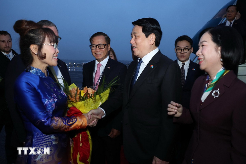 Các đại biểu đón Chủ tịch nước Lương Cường và Phu nhân tại sân bay Boeing Field Seattle, bang Washingon (Hoa Kỳ). (Ảnh: Lâm Khánh/TTXVN)