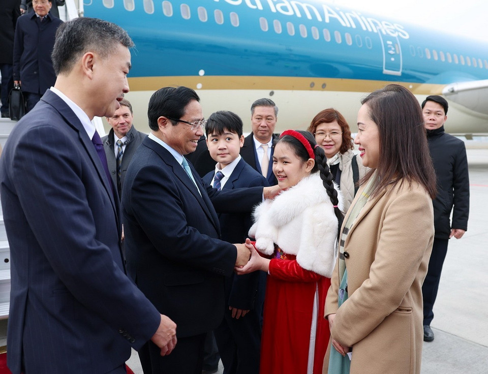 Đại sứ Việt Nam tại Séc Dương Hoài Nam cùng cán bộ, nhân viên Đại sứ quán và đại diện cộng đồng người Việt Nam tại Séc đón Thủ tướng Phạm Minh Chính và Phu nhân ở sân bay quốc tế Václav Havel, thủ đô Prague. (Ảnh: Dương Giang/TTXVN)