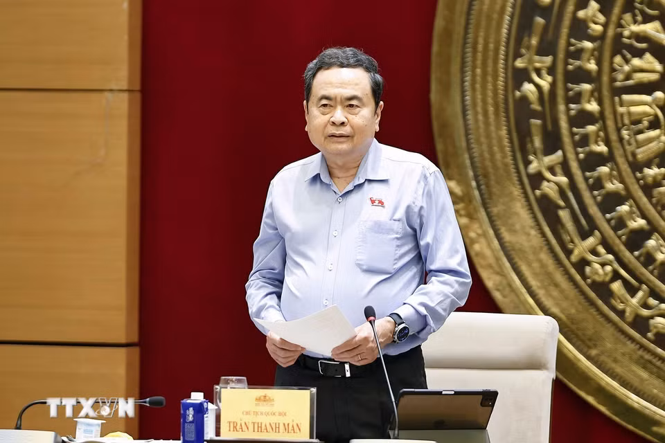 Chiều 21/5/2026, tại Hà Nội, Chủ tịch Quốc hội Trần Thanh Mẫn làm việc với Thường trực Ủy ban Pháp luật và Tư pháp của Quốc hội. (Ảnh: Doãn Tấn/TTXVN)