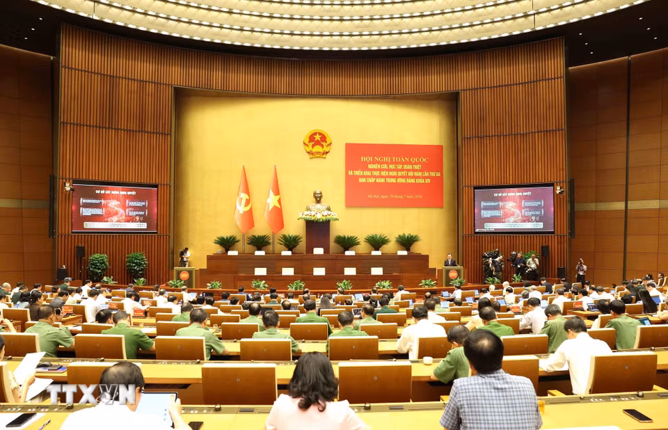 Quang cảnh hội nghị tại điểm cầu trung tâm - Hội trường Diên Hồng, Nhà Quốc hội (Hà Nội). (Ảnh: Phương Hoa/TTXVN)