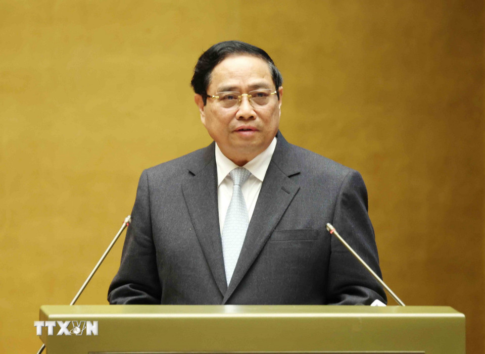 Thủ tướng Phạm Minh Chính giới thiệu Chuyên đề: "Chương trình hành động thực hiện Nghị quyết Đại hội đại biểu toàn quốc lần thứ XIV của Đảng." (Ảnh: Phương Hoa/TTXVN)