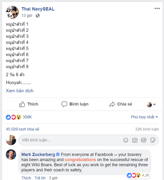 Zuckerberg chúc mừng chiến dịch giải cứu đội bóng Thái Lan ảnh 1