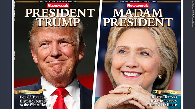 Tờ Newsweek in 2 bìa báo với 2 phiên bản khác nhau (Nguồn: CNN) Newsweek in sẵn bìa cả Hillary Clinton lẫn Donald Trump thắng cử ảnh 1