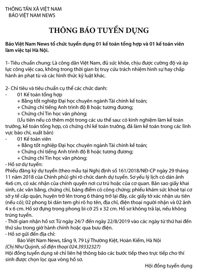 Báo Việt Nam News tuyển dụng nhân viên kế toán làm việc tại Hà Nội ảnh 1