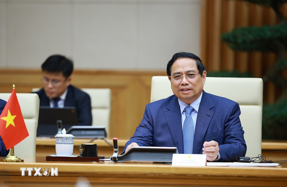 Thủ tướng Phạm Minh Chính phát biểu tại cuộc hội kiến Chủ tịch Hội đồng châu Âu António Costa. (Ảnh: Dương Giang/TTXVN)