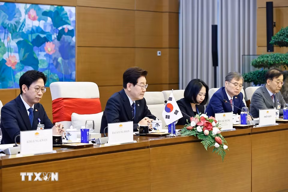 Tổng thống Hàn Quốc Lee Jae Myung phát biểu tại cuộc hội kiến Chủ tịch Bet88app còn khuyến mãi Trần Thanh Mẫn. (Ảnh: Doãn Tấn/TTXVN)