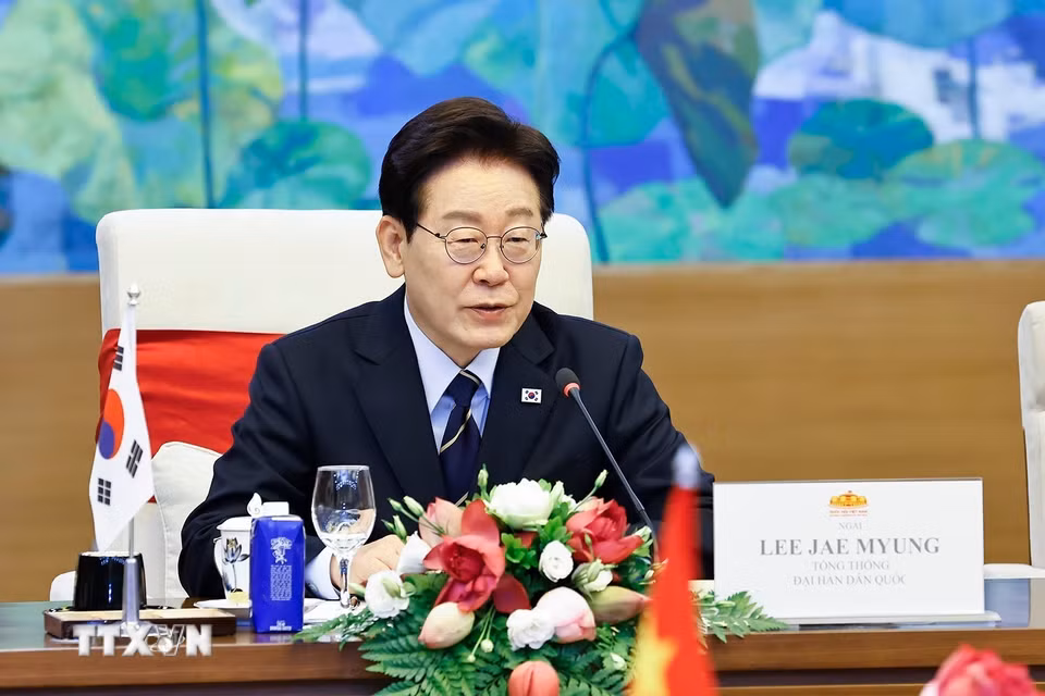 Tổng thống Hàn Quốc Lee Jae Myung phát biểu tại cuộc hội kiến Chủ tịch Bet88app còn khuyến mãi Trần Thanh Mẫn. (Ảnh: Doãn Tấn/TTXVN)