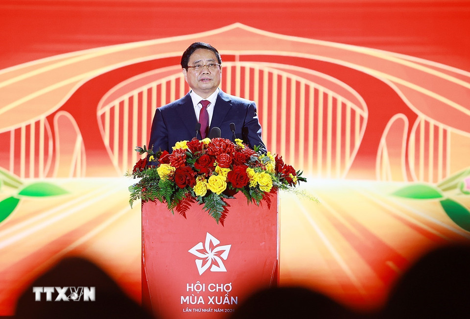 Thủ tướng Phạm Minh Chính phát biểu bế mạc Hội chợ mùa Xuân lần thứ nhất - năm 2026. (Ảnh: Dương Giang/TTXVN)