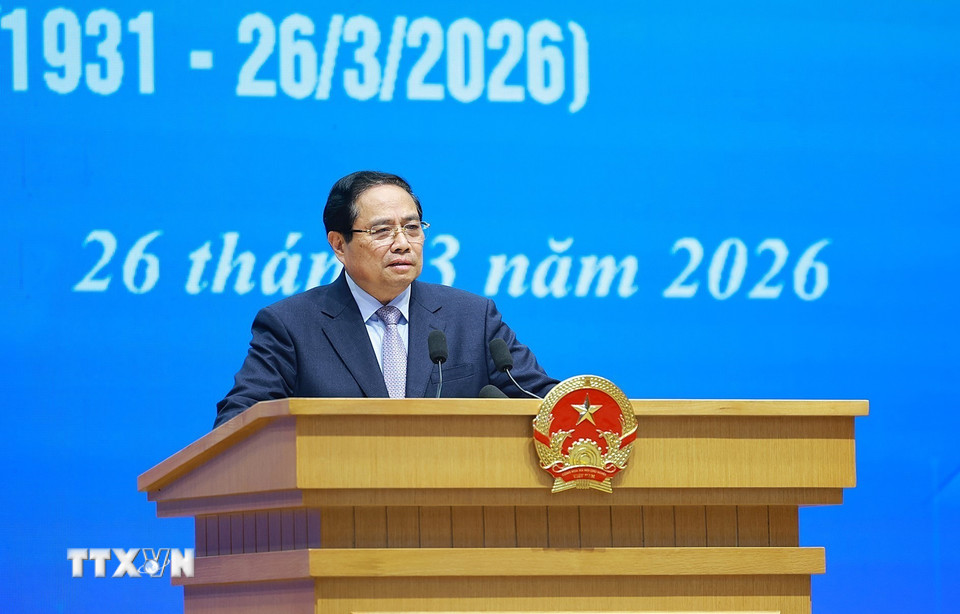 Thủ tướng Phạm Minh Chính phát biểu tại buổi gặp mặt Gương mặt trẻ Việt Nam tiêu biểu, triển vọng và cán bộ Đoàn tiêu biểu. (Ảnh: Dương Giang/TTXVN)